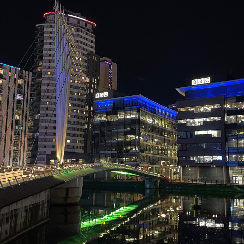 Media City riverside at night