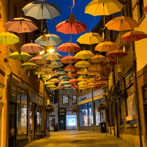 Umbrella Street at night